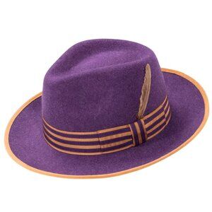Montique GRAPE Wool Felt Fedora with TAN  Striped Ribbon Band. 2 INCH BRIM H-102